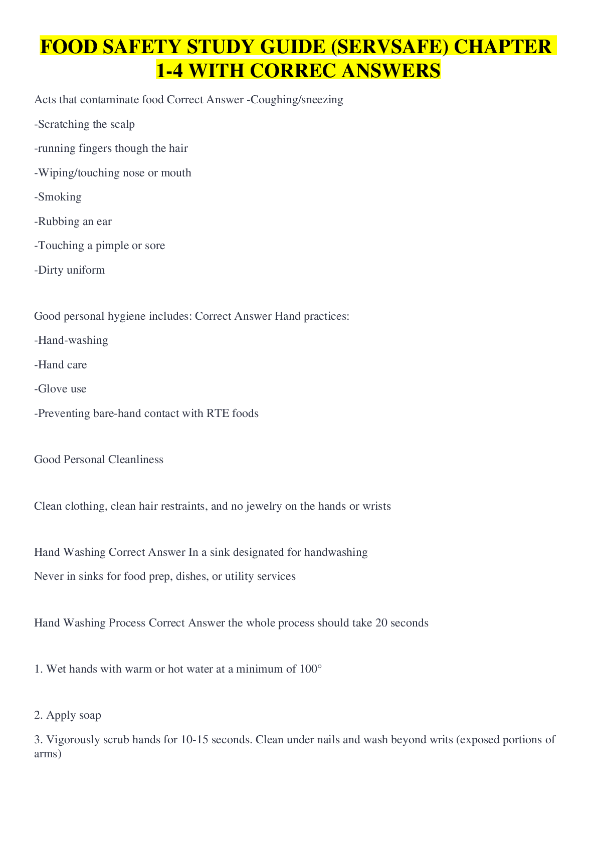Preview image for FOOD SAFETY STUDY GUIDE (SERVSAFE) CHAPTER 1-4 WITH CORREC ANSWERS